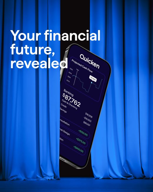Ad: Your financial future, revealed. A phone showing Quicken peeks from behind a blue stage curtain.