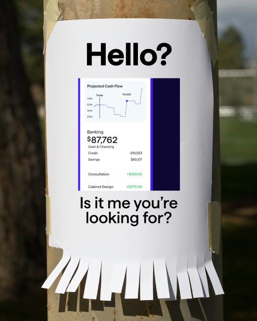 Ad styled as a lost-pet poster on a telephone pole: Hello? Is it me you're looking for? The poster shows Quicken's projected cash flow.