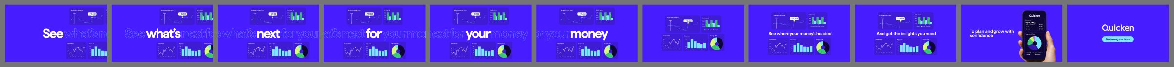 Eleven storyboard frames of an end card: the words See what's next for your money build one at a time over product screens, then resolve to a phone and the Quicken logo.