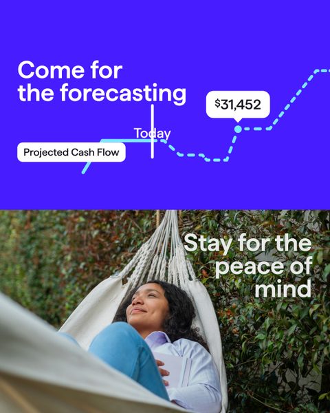 Come for the forecasting. Stay for the peace of mind. A projected cash flow line above a woman relaxing in a hammock.