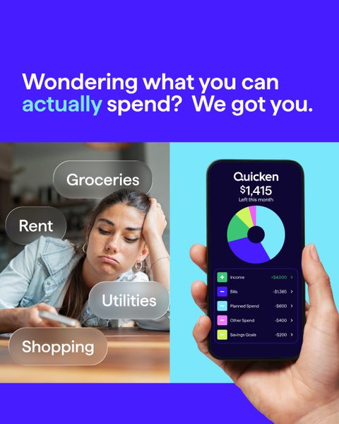 Wondering what you can actually spend? We got you. A stressed woman surrounded by bill labels, beside a phone showing $1,415 left.