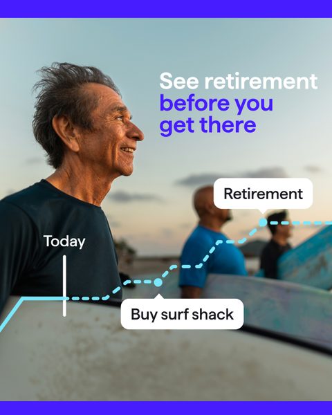 See retirement before you get there. An older man looks out to sea beside a projection line ending in Buy surf shack.