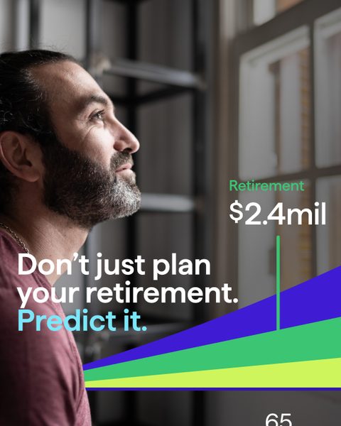 Don't just plan your retirement. Predict it. A bearded man gazes at a retirement projection reaching $2.4 million.