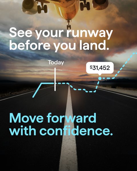 See your runway before you land. Move forward with confidence. A cash flow line over an airport runway at dusk.