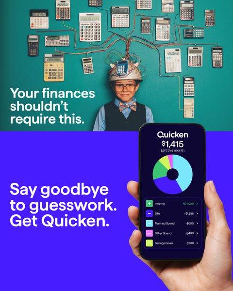 Your finances shouldn't require this. A boy in a hat covered in calculators. Say goodbye to guesswork. Get Quicken.