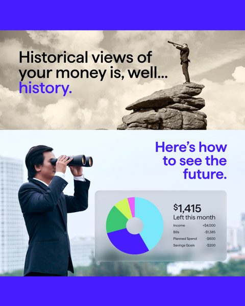 Historical views of your money is, well… history. Here's how to see the future. A man with binoculars beside a spending chart.