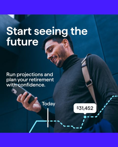 Start seeing the future. A man checks his phone beside a projection line. Run projections and plan your retirement with confidence.
