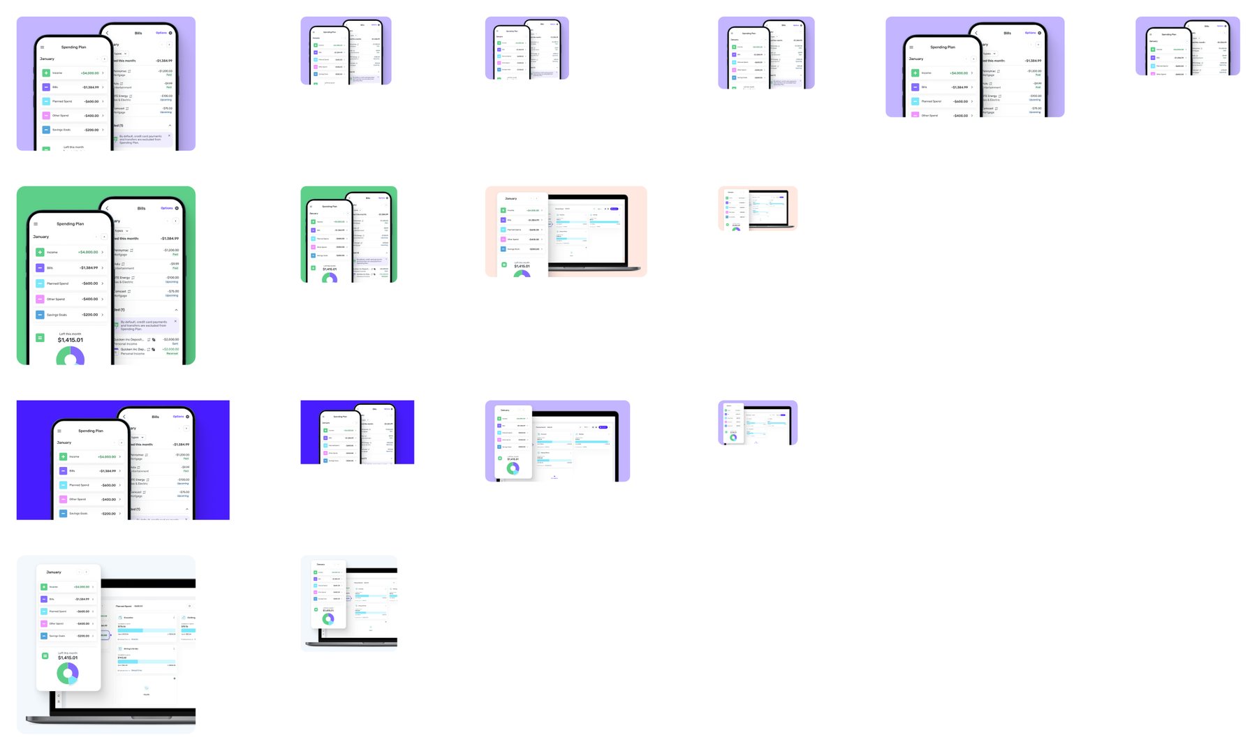 A grid of Spending Plan product images in several background colors and sizes, from wide email headers to small tiles.