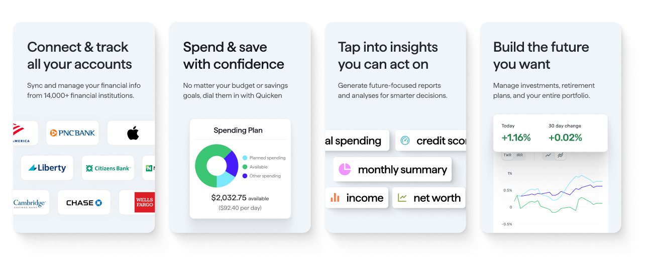 Homepage bento section with four cards: Connect and track all your accounts; Spend and save with confidence; Tap into insights you can act on; Build the future you want.