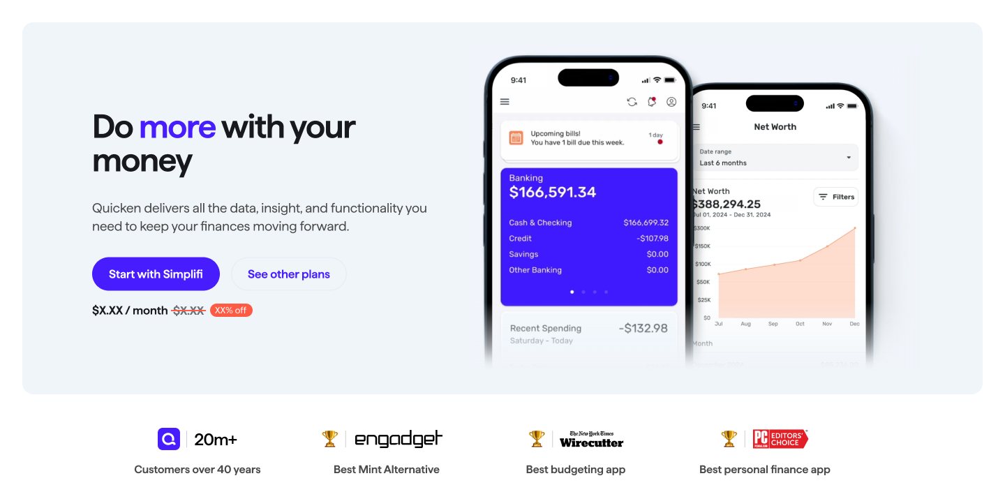 Quicken homepage hero: Do more with your money, beside two phones.