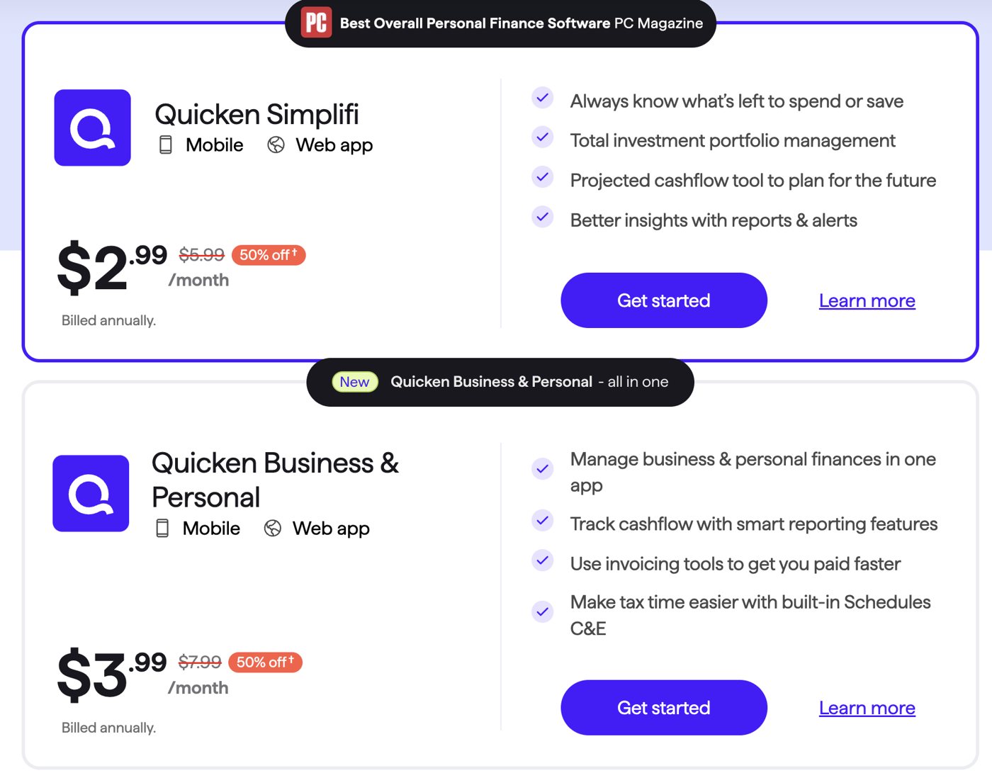 Two plan cards. Quicken Simplifi, mobile and web: always know what's left to spend or save, total investment portfolio management, projected cash flow, reports and alerts. Quicken Business and Personal, new, all in one: manage business and personal finances in one app, track cash flow, invoicing tools, built-in Schedules C and E.