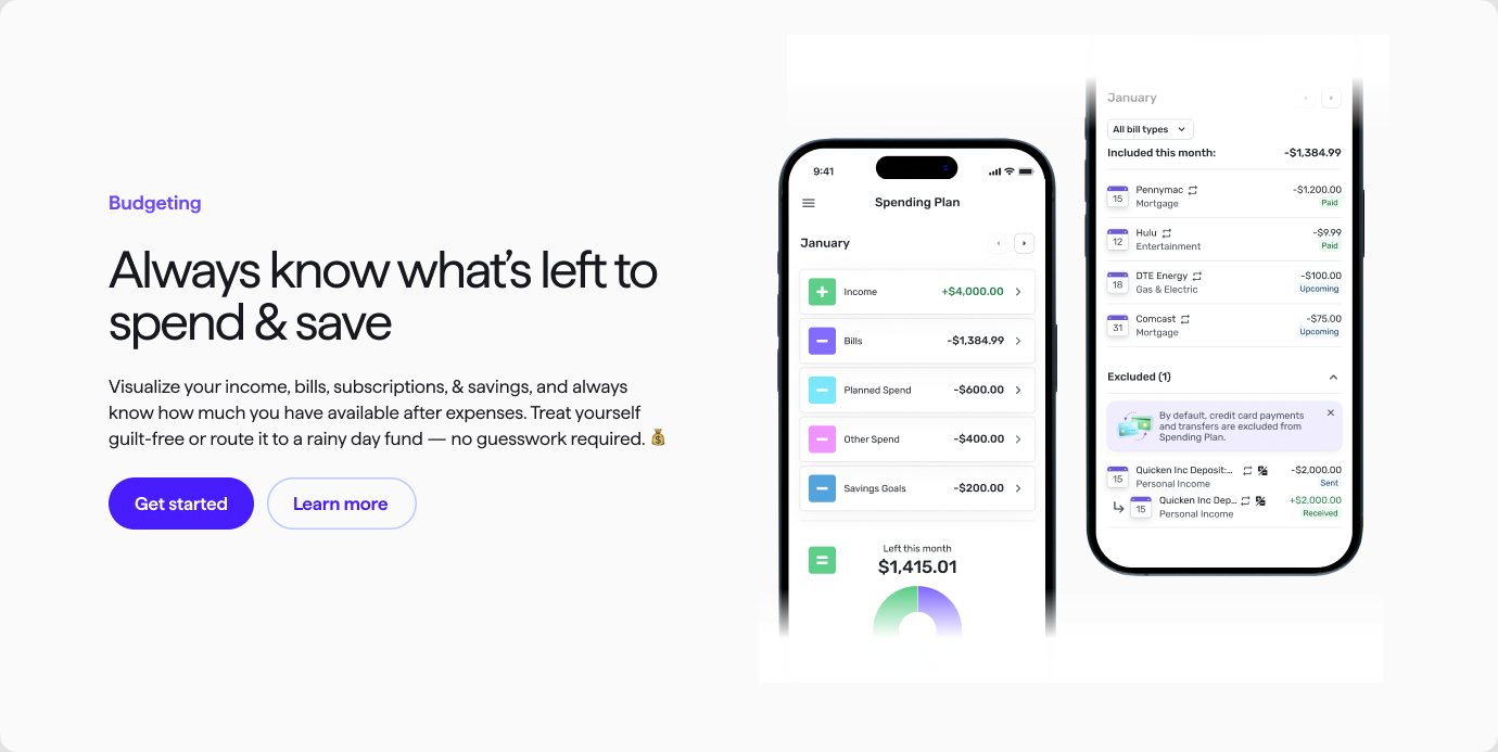 Web feature module for Spending Plan: Always know what's left to spend and save, with Get started and Learn more buttons beside two phones showing the Spending Plan.