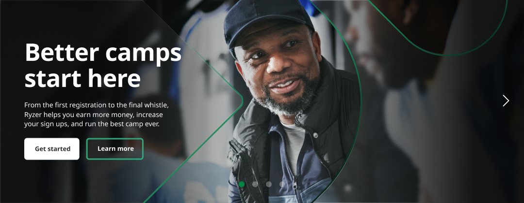 Proposed Ryzer homepage hero: Better camps start here, over a photo of a smiling coach, with Get started and Learn more buttons.