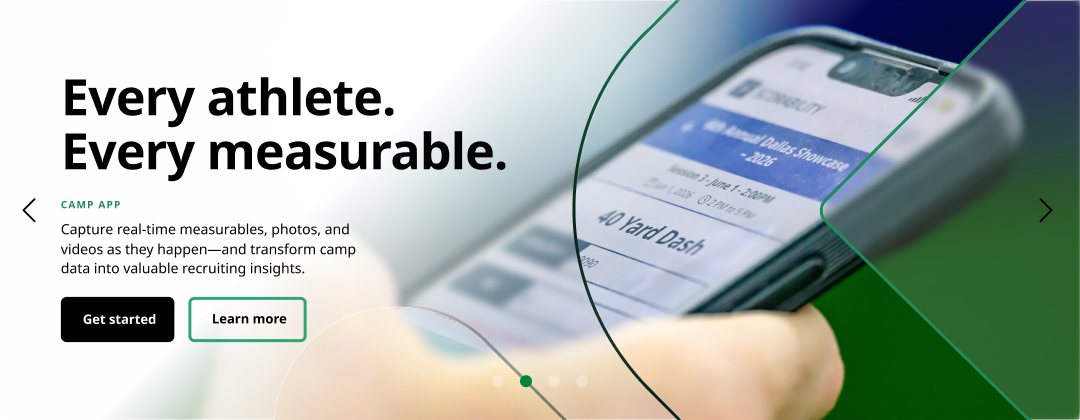 Slide 2, Camp app: Every athlete. Every measurable. A phone shows a 40-yard dash being recorded.