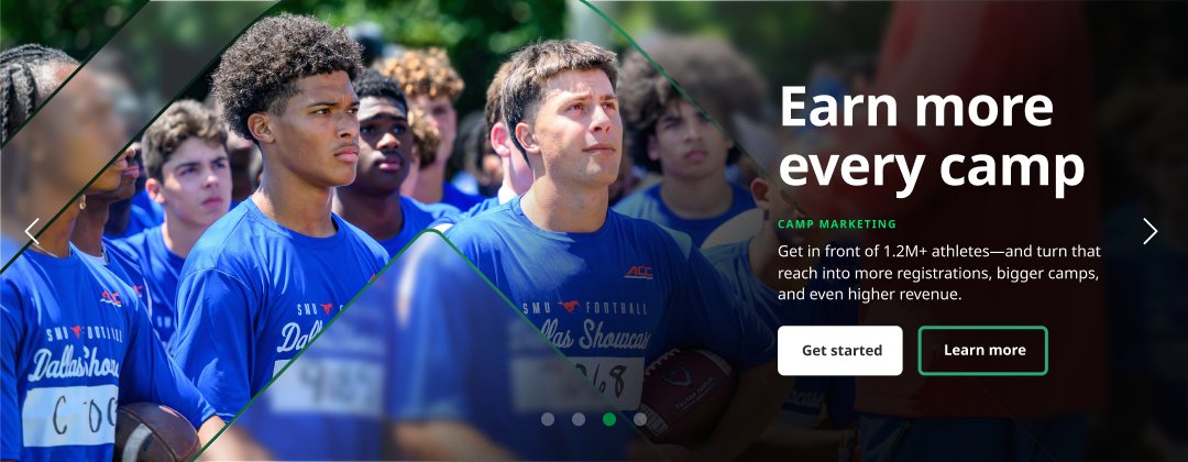 Slide 3, Camp marketing: Earn more every camp. Athletes line up at a showcase.