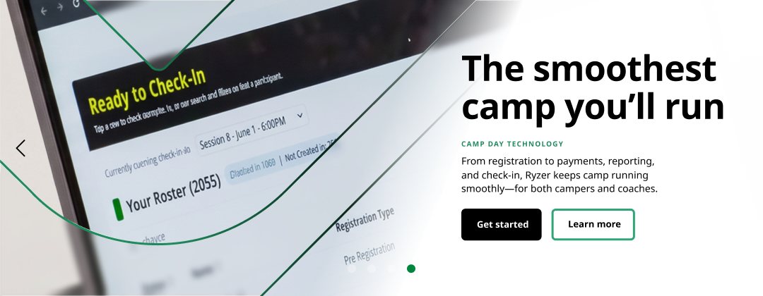 Slide 4, Camp day technology: The smoothest camp you'll run. A laptop shows the check-in roster.