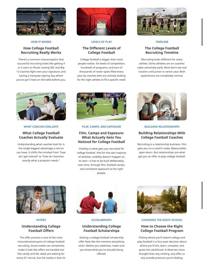 Live football hub guide grid: cards for How it works, Levels of play, Timeline, What coaches evaluate, Film camps and exposure, Building relationships, Offers, Scholarships and Choosing the right school.