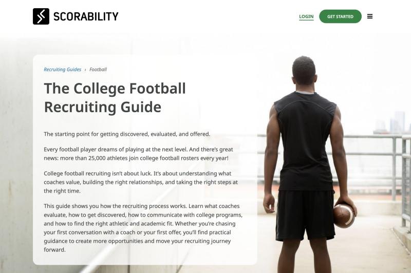Live Scorability football hub: The College Football Recruiting Guide, with an introduction beside a photo of a player holding a football.